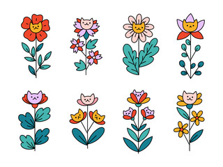 Retro set of field and garden flowers with cute cats. Fantasy plants hand drawn doodle for floral decoration. Collection of botanical simple plant vector illustration