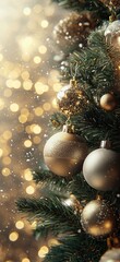 Wall Mural - a close-up of the christmas tree with lights and ornaments against a blurred background of sparkling