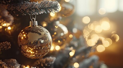 Wall Mural - a close-up of the christmas tree with lights and ornaments against a blurred background of sparkling