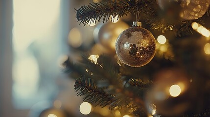 Wall Mural - a close-up of the christmas tree with lights and ornaments against a blurred background of sparkling