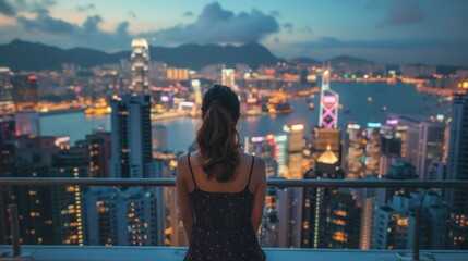 A woman gazes at the illuminated city skyline from a high vantage point, capturing the essence of urban life and the blend of natural and artificial beauty in a bustling cityscape.