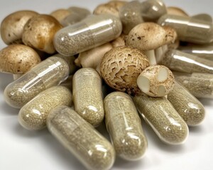 Capsules filled with mushroom extract on a white background, showcasing natural health supplements and wellness