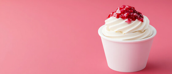 Delicious soft-serve ice cream topped with strawberry sauce in a white cup, set against a vibrant pink background.