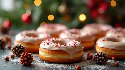 Festive donuts topped with colorful sprinkles and icing are arranged on a wooden surface with holiday decor in the background.