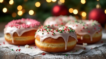 Festive donuts topped with colorful sprinkles and icing are arranged on a wooden surface with holiday decor in the background.