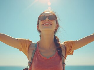 Embrace the Joy A Moment of Pure Happiness and Positivity, Woman Smiling with Arms Open Under a Sunny Sky