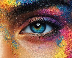 Vibrant Eye Makeup with Bold Expression and Positive Energy Close-up of a Blue Eye with Colorful Powder Pigment Makeup, Representing Confidence and Empowerment