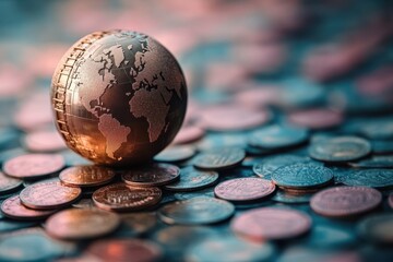 A golden globe rests on a pile of coins representing global economics and trade dynamics