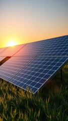 Solar panels on grass under sunset light solar panel Ultra realistic Photorealistic 