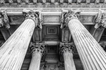 Corinthian Column in Vintage Courthouse Architecture. Neoclassical Justice Building with Greek Temple Influence