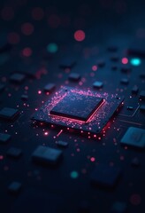 Aufkleber - Digital Chip with Integrated Neural Network Elements - Futuristic Deep Learning and Data Processing Concept with Neon and Dark Tone