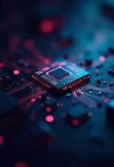 Aufkleber - Digital Chip with Integrated Neural Network Elements - Futuristic Deep Learning and Data Processing Concept with Neon and Dark Tone