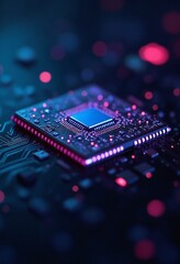 Aufkleber - Digital Chip with Integrated Neural Network Elements - Futuristic Deep Learning and Data Processing Concept with Neon and Dark Tone