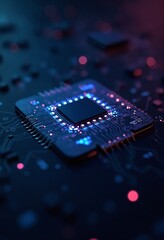Aufkleber - Digital Chip with Integrated Neural Network Elements - Futuristic Deep Learning and Data Processing Concept with Neon and Dark Tone