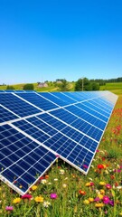 Solar panels on a vibrant meadow utilizing renewable energy under a bright blue sky solar panel Ultra realistic Photorealistic 