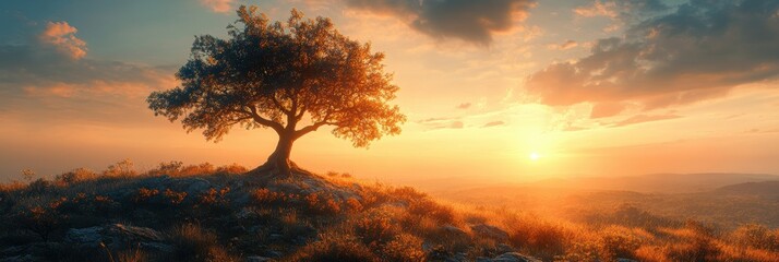 Old tree silhouette on a hill at sunset, long shadows stretching across the landscape, vibrant colors filling the sky