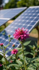 Solar panels, vibrant pink flower, garden, renewable energy, close-up, sunlight, green leaves, environmental sustainability, clean technology, nature and technology, eco-friendly, bright daylight, pho