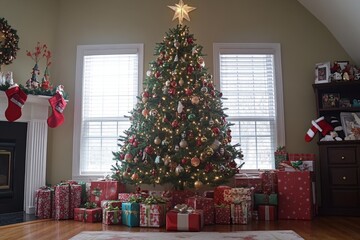 A Christmas tree adorned with twinkling lights, colorful ornaments, and a star on top, with wrapped gifts underneath, capturing the joy, excitement, and festive spirit of the season