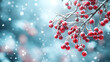 © Osadchyi_I - Close-up of vibrant red berries covered in frost, hanging from a branch with soft snowflakes falling against a blurred winter background.