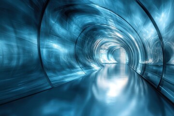 Poster - A futuristic blue tunnel illuminated with soft light leading to a distant doorway