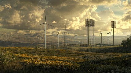 Wall Mural - Wind power plant with multiple turbines in a field, generating clean, renewable energy.