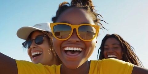 Three young women laughing and enjoying life and taking a selfie for social media