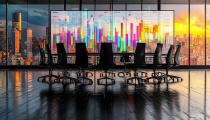 Modern boardroom with financial charts on a screen, reflecting business analysis and urban skyline at sunset.