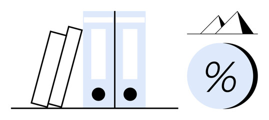 Office binders, percentage symbol, and triangular shapes. Ideal for corporate presentations, financial documents, reports, business analysis, marketing materials, office settings, or educational