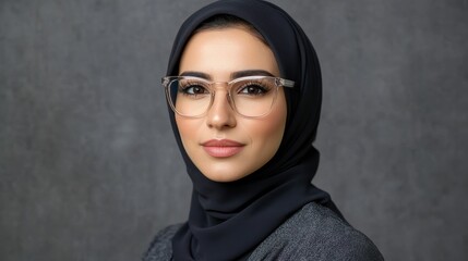 A middle-aged Middle Eastern woman showcases stylish clear acetate glasses, exuding confidence