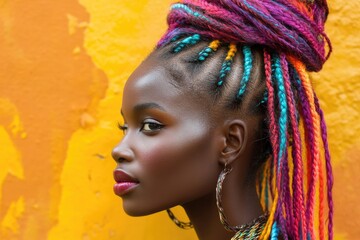 Young black woman showing colorful braids hairstyle over yellow background