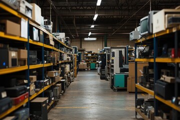 A warehouse with shelves full of old electronics