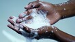 © ZIHAO - A high-resolution stock photo showcases a woman's hands holding a stained white cloth with fabric detergent nearby, set against a bright room with a washing machine, illuminated by natural light.