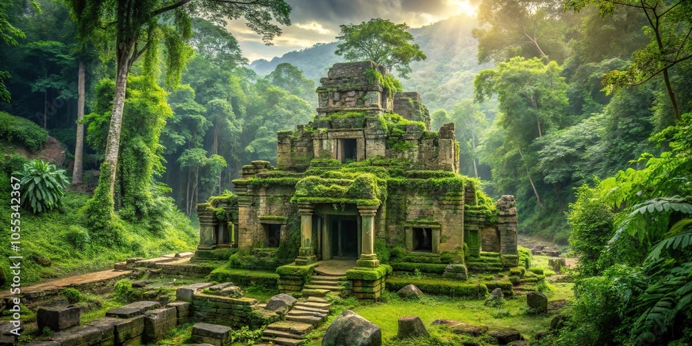 Ancient ruin of a crumbling temple in the middle of a lush green jungle ...