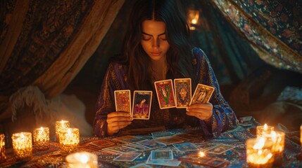 Young woman reading tarot cards surrounded by candles in a mystic setting at night