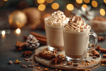 Hot chocolate drink with whipped cream and cocoa powder in a glass cup on a Christmas background