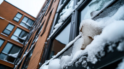 Poster - Close-up of a brick building facade covered in snow and ice, with multiple windows partially obscured by frost, capturing a cold winter atmosphere.