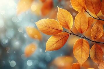 Autumn background with yellow and orange leaves on tree branches. Autumn concept, fall season nature blurred background