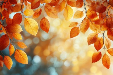 Autumn background with yellow and orange leaves on tree branches. Autumn concept, fall season nature blurred background