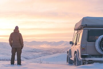 Man next to SUV watching sunrise in snowy wilderness