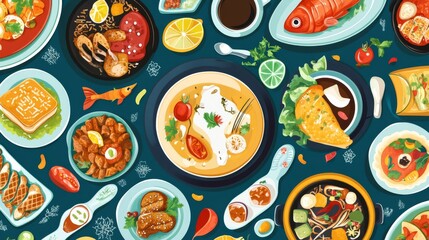 Wall Mural - A colorful array of food on a blue tablecloth