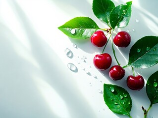 Poster - A bunch of cherries with green leaves and water droplets on them