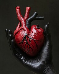 Realistic human heart held by black-painted hand