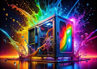 Poster - Abstract Liquid Explosion in a High-Tech Environment - Stunning Water-Cooled Computer Case Landscape Wallpaper