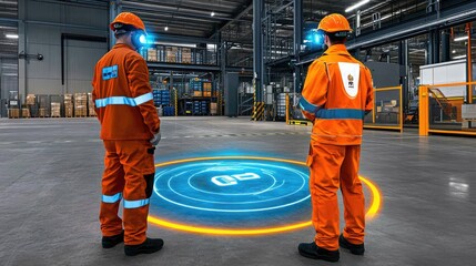 Poster - Advanced warehouse with AR technology guiding workers, improving efficiency in package identification and delivery processes.