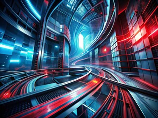 Poster - Abstract Urban Exploration: Dynamic Black and Red Wave Patterns in 3D Space Design