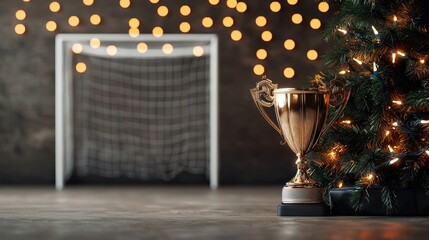 A festive scene featuring a trophy next to a decorated Christmas tree with a soccer goal and glowing lights in the background