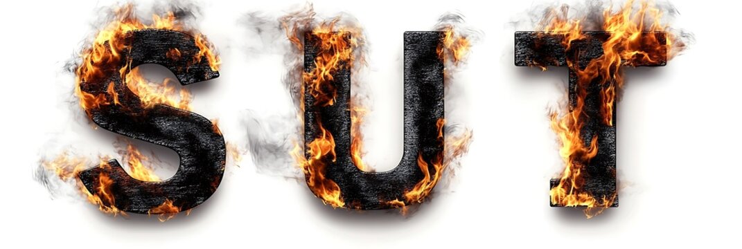 
Letters S, T, U. Realistic Black Fire Alphabet: Letters Isolated on White Background 