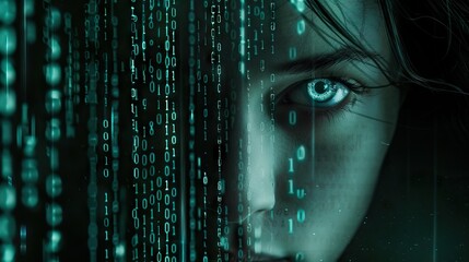 Poster - Digital AI Art  Female face with matrix numbers  dark background.