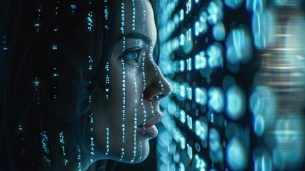 Poster - Digital AI Art  Female face with matrix numbers  dark background.