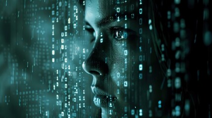 Poster - Digital AI Art  Female face with matrix numbers  dark background.